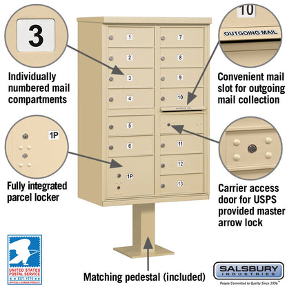 Cluster Box Unit with 13 Doors and 1 Parcel Locker in Sandstone – Type IV, for use with The USPS Lock
