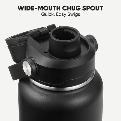 CIVAGO 32 oz Insulated Stainless Steel Water Bottle with Detachable Straw, Large Metal Water Jug with Bucket Handle, Leakproof Sports Water Flask with Silicone Boot for Travel, Dishwasher Safe, Black