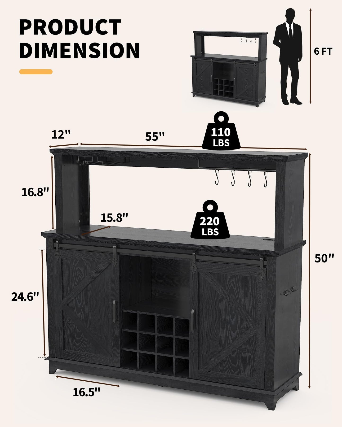 55 in Farmhouse Coffee Bar Cabinet with 3-Mode LED Light and Power Outlet - Large Kitchen Hutch with Sliding Barn Door - Wine Cabinets with Storage Drawers and Wine Glass Rack for Home and Living Rome