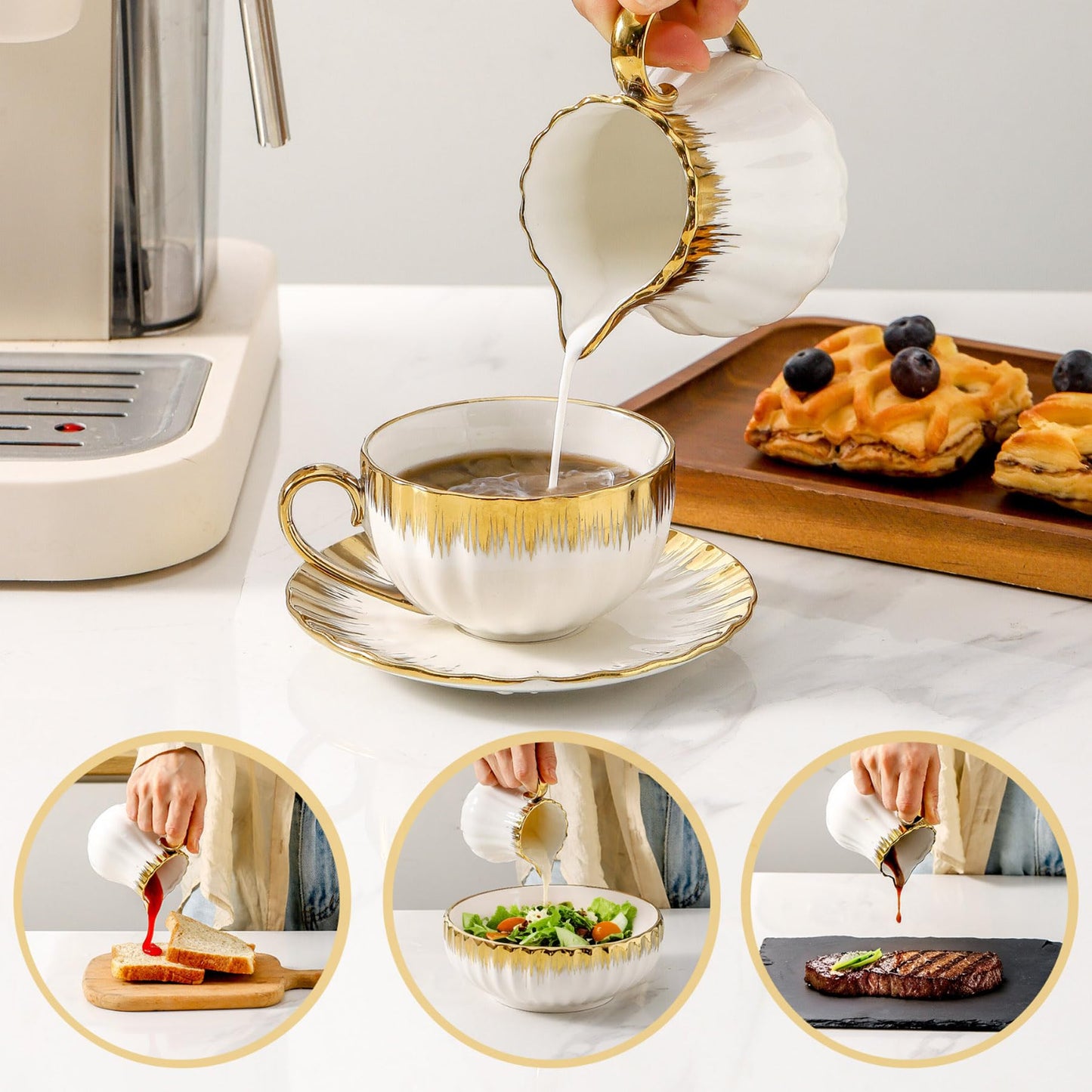 Ceramic Sugar and Creamer Set, White Sugar Bowl & Creamer Set with Gold Trim, 3 Piece with 10oz Cream Pitcher, 11oz Sugar Bowl with Lid and Spoon, Coffee Serving Set for Café, Afternoon Tea