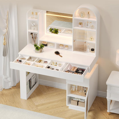 Vanity Desk Set with Mirror, Power Outlet and Lights, Makeup Table with 3 Drawers and 11 Storage Shelves, Dressing Table Stool Set with 3 Color Modes Available for Bedroom Dressing Room