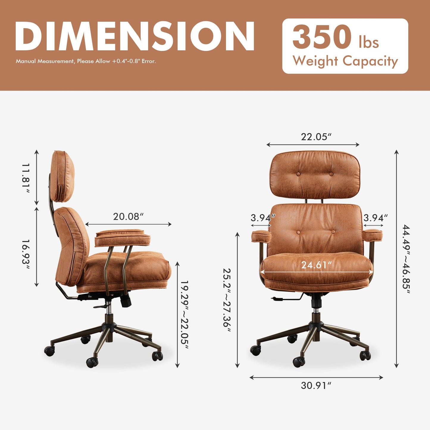 weaxty W Brown Leather Home Office Chair, Ergonomic High Back Executive Chair with Deep Seat Thick Cushion, Mid Century Modern Big and Tall Computer Desk Chair with Lumbar Support (Light Brown Suede)