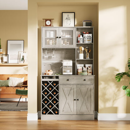 IDEALHOUSE 72 Inch Tall Kitchen Pantry Cabinet with Power Outlet - Wine Bottle Rack, Barn Doors, Ample Storage, Modern Sideboard Buffet for Dining Room, Kitchen, or Home Bar