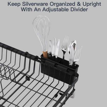 MAJALiS Expandable Stainless Steel Over The Sink Dish Drying Rack for Small Kitchen Counter Space Saving, Compact RV Plate Drainer Strainer in Black Wire Metal with Hanging Adjustable Utensil Holder