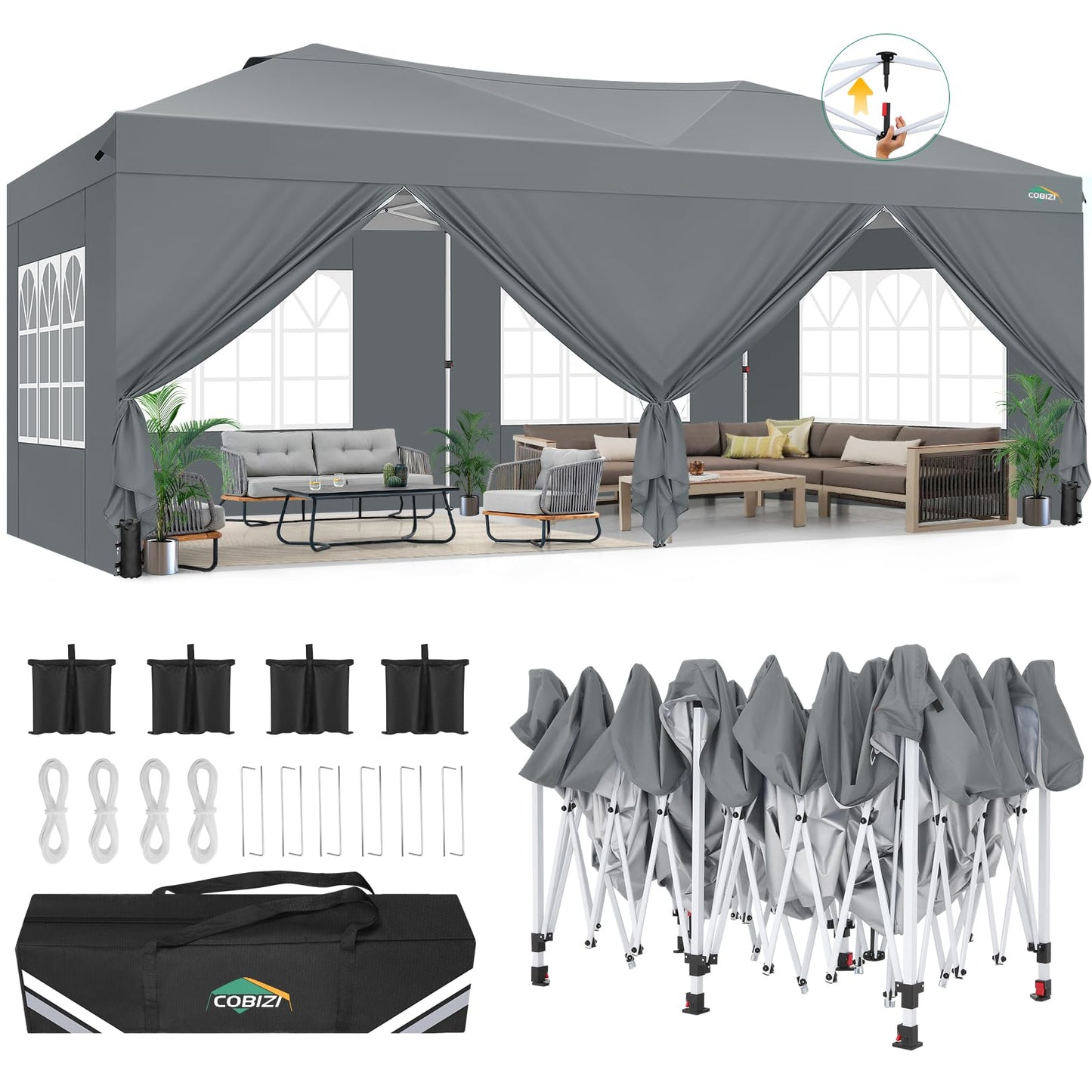 COBIZI Canopy 10x20 Pop Up Canopy Tent with 6 Sidewalls, One Push Party Tents for Parties Outdoor Wedding Waterproof Gazebo Commercial Event Tent with Sandbags, Grey