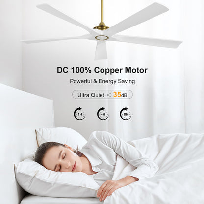 WINGBO 60 Inch Ceiling Fan without Light - 5 Carved Solid Wood Blades, 6-Speed Reversible DC Motor, Noiseless Remote Control Ceiling Fan No Light for Bedroom Living Room Kitchen, Gold and White