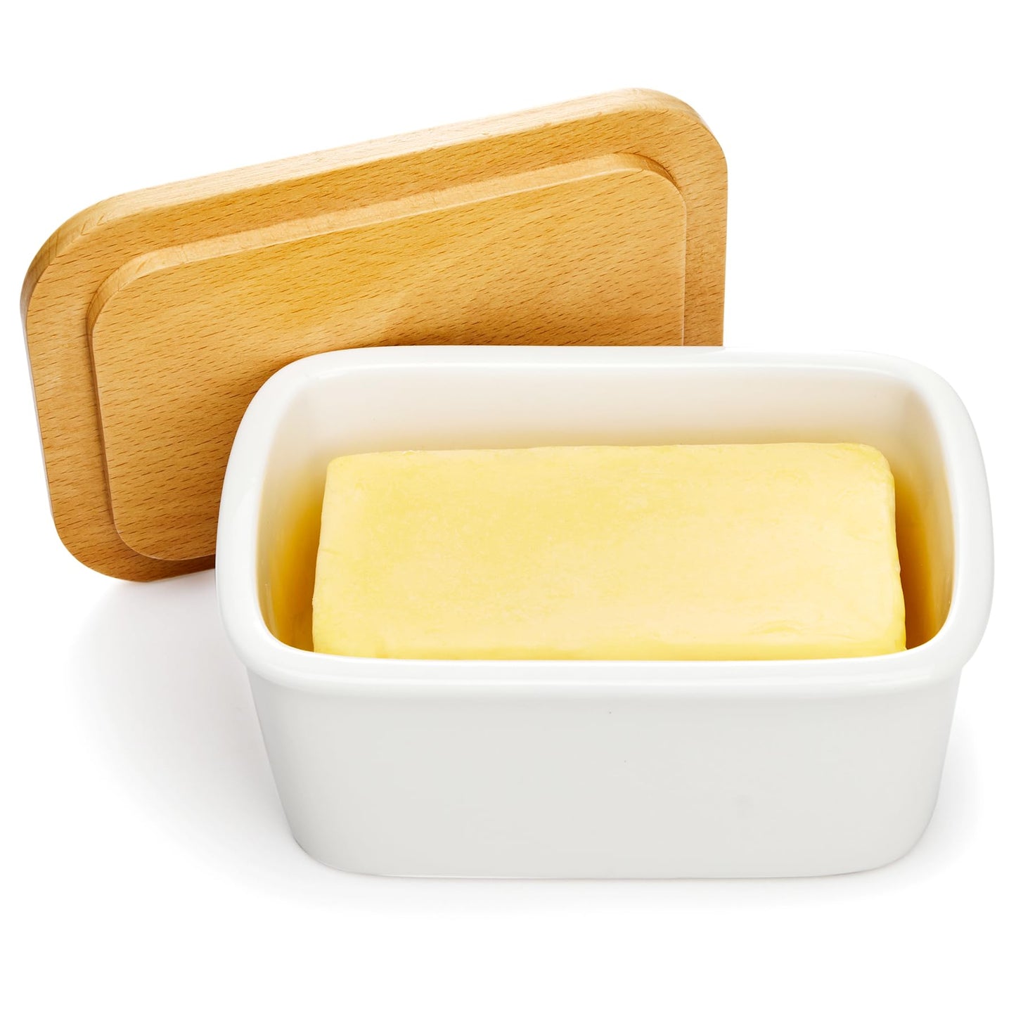 Sweese Butter Dish with Lid, Large Porcelain Keeper with Beech Wooden Lid for Countertop, Perfect for East and West Coast Butter, White