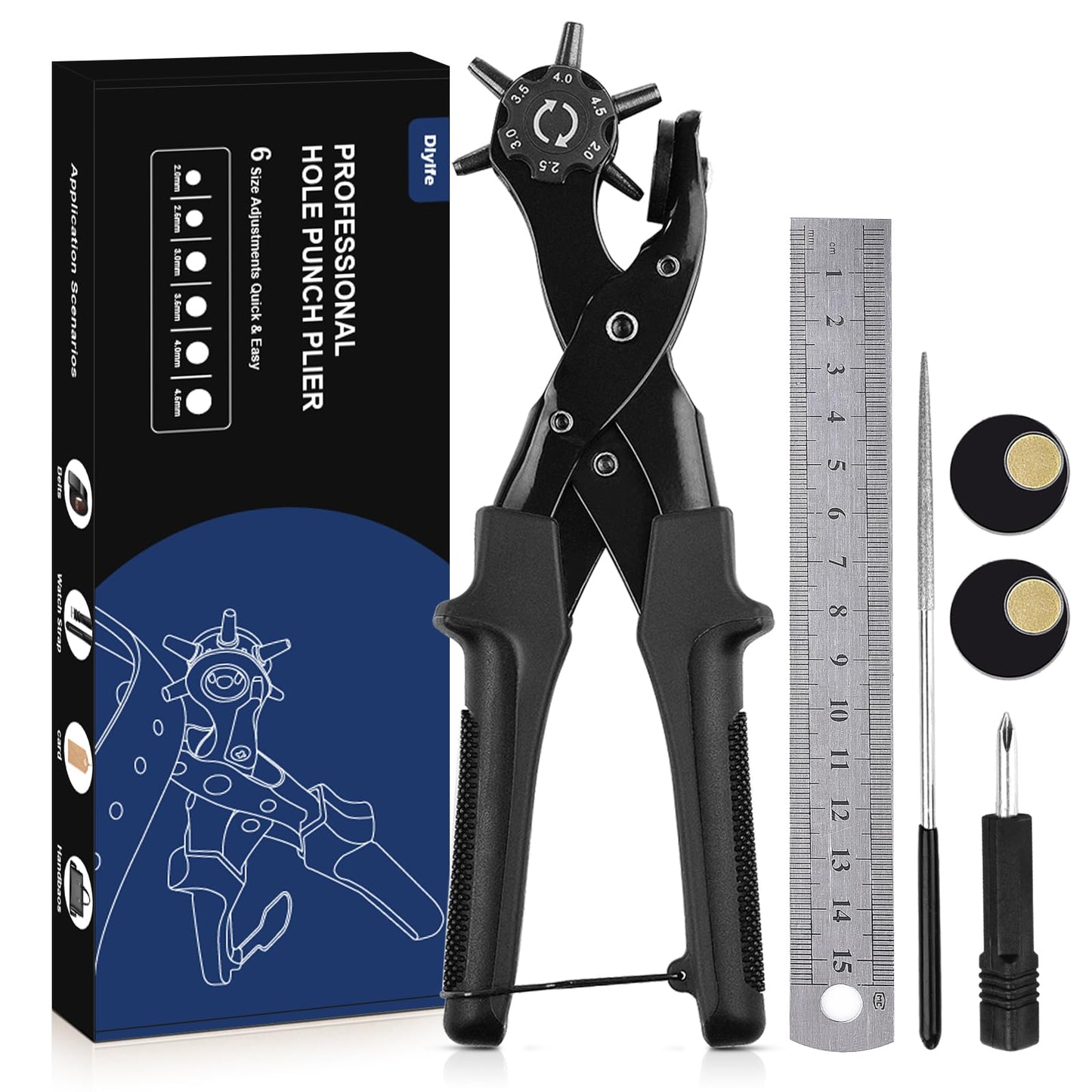 Diyife® Leather Hole Punch, Heavy Duty Belt Hole Punch, Revolving Punch Plier Kit with Extra Grinding Needle, Punch Plates, Ruler and 6 Marked Hole Sizes for Watch Band, Crafting, Fabric - Black