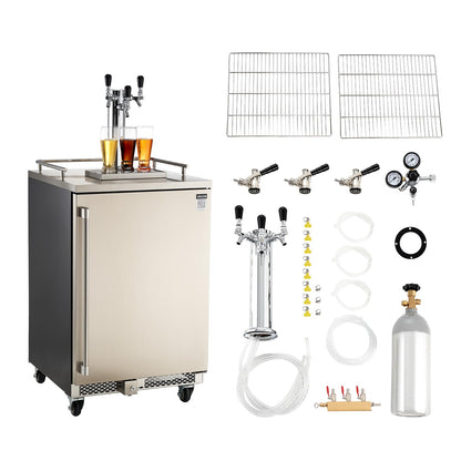 VEVOR Beer Kegerator, Triple Tap Commercial Draft Beer Dispenser for D system, Full Size Keg Refrigerator with 5lbs CO2 Tank, Hold 3 Sixth/2 Slim/3 Ball lock keg (3 taps - D system - stainless steel)
