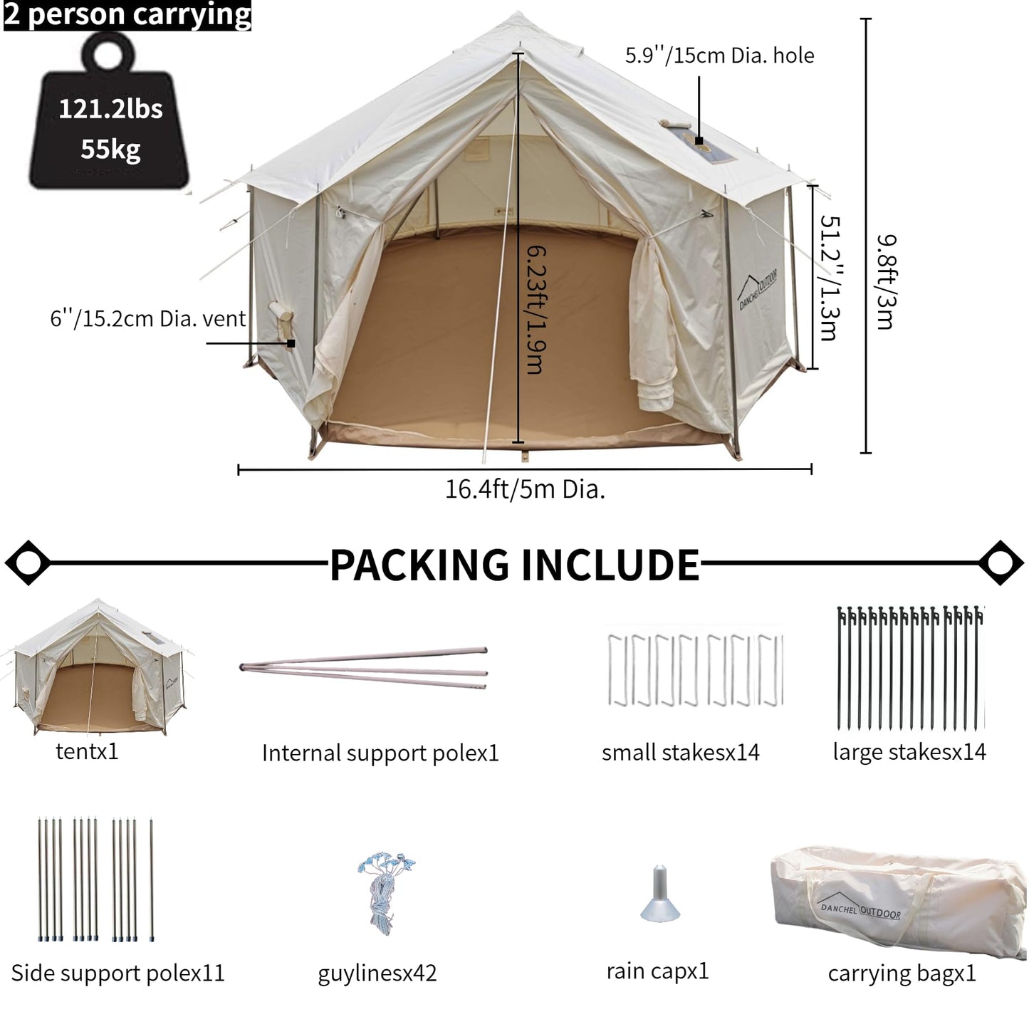 DANCHEL OUTDOOR B6 Luxury Glamping Wall Tent w/Stove Jack, No Center Pole, Higher Side Wall, 900D Flame Retardant Oxford for 4 Season 6-7 Person Family Yurt Cabin Glamping Camping,5m/16.4ft