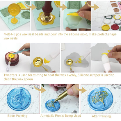 Andotopee Wax Seal Kit With 24 Colors Envelope Stamp Seals Beads 600pcs, Tree of Life Sealing Stamp, Electric Wax Seal Warmer Set, Silicone Mold, Metallic Pen, 120 Removable Sticky Dots, Spoon Cleaner