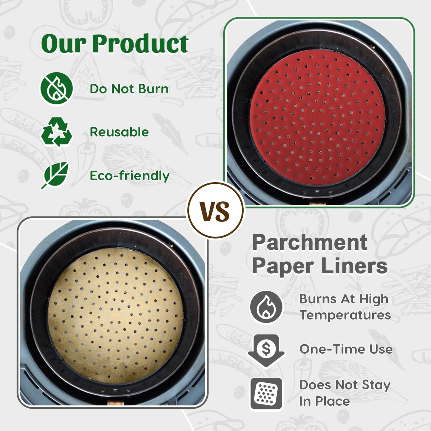 Reusable Square Silicone Air Fryer Liners (8.5 Inch, 3 Pack) by Linda’s Essentials - Non-Stick, Easy-Clean Accessories with Cheat Sheet & Recipe Book, Perfect for Quick Meals