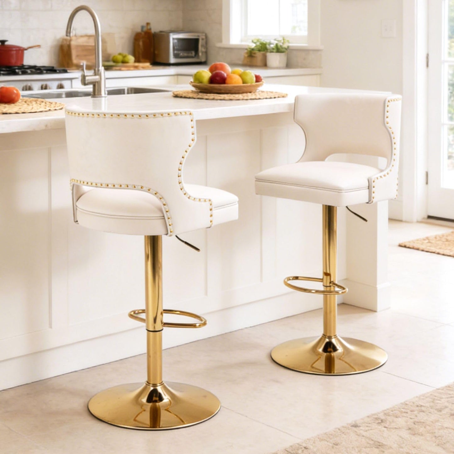 ROCITY Beige Bar Stools Set of 2 Swivel Counter Height Barstools with Back Faux Leather Bar Chairs with Gold Base Adjustable Modern Kitchen Island for Dining Room Home Bar, Rivet Decoration