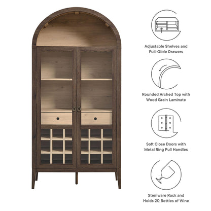 Modway Nolan Modern Farmhouse Arched Bar Cabinet in Dark Walnut Wood Grain - 72 Inch Tall Wine Storage Cabinet with Glass Doors and Wine Rack - Large Liquor Cabinet for Dining or Living Room