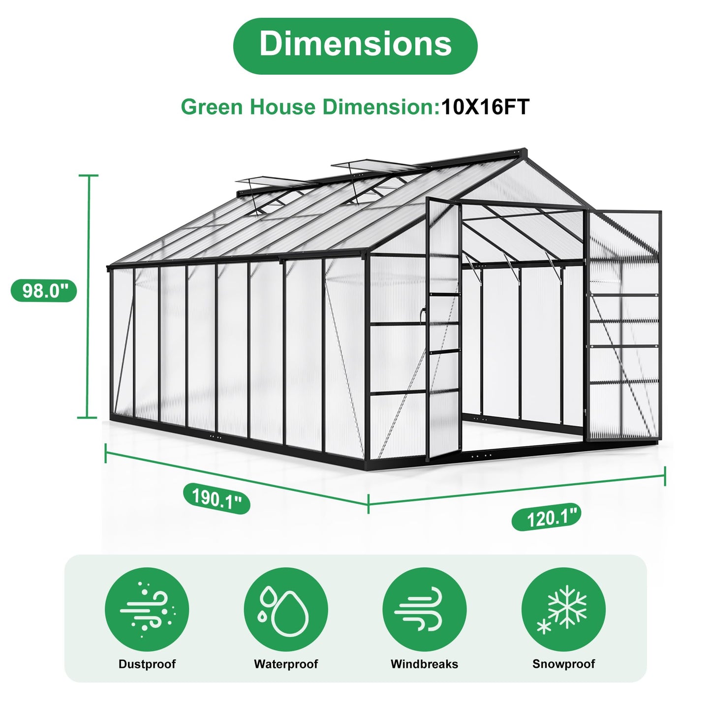 Polar Aurora 10X16 FT Greenhouse, Polycarbonate, Aluminum Frame, Manual Closure, Black