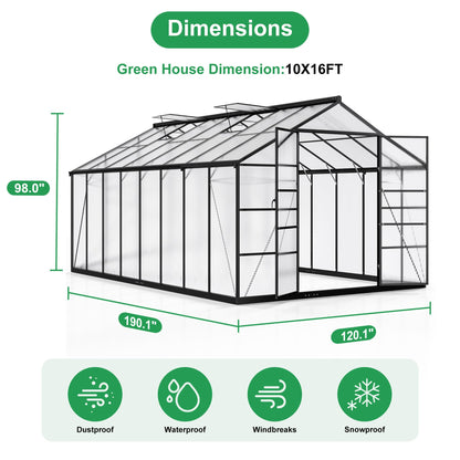 Polar Aurora 10X16 FT Greenhouse, Polycarbonate, Aluminum Frame, Manual Closure, Black