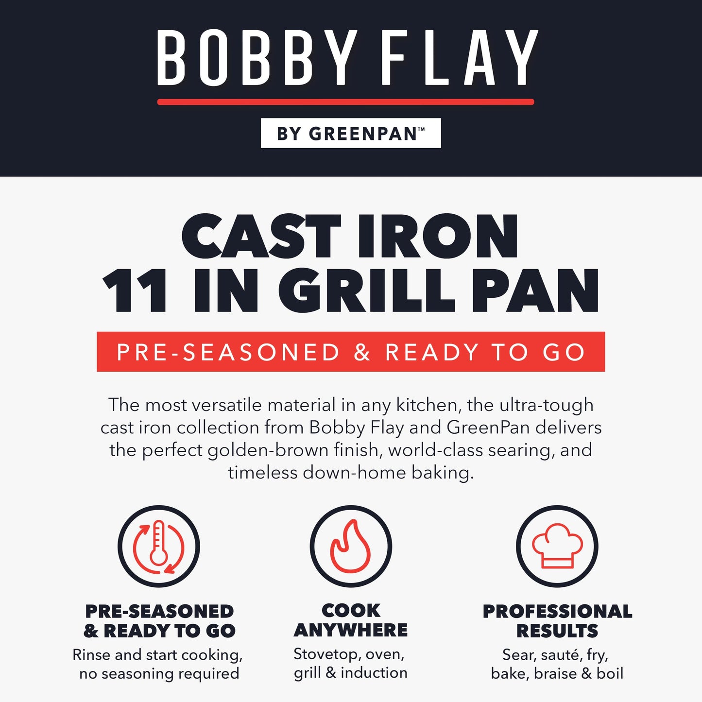 GreenPan x Bobby Flay Cast Iron 11” Square Grill Pan, Pre-Seasoned Professional Grade Heavy Duty Skillet, Helper Handles, Induction Suitable, Stovetop, Oven, BBQ & Fire, Indoor & Outdoor Use, Black