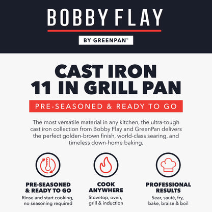 GreenPan x Bobby Flay Cast Iron 11” Square Grill Pan, Pre-Seasoned Professional Grade Heavy Duty Skillet, Helper Handles, Induction Suitable, Stovetop, Oven, BBQ & Fire, Indoor & Outdoor Use, Black