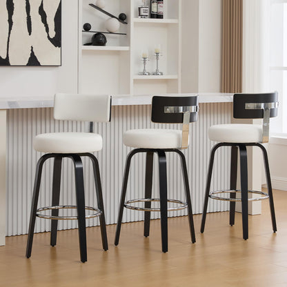 WOOW DEPOT Swivel Counter Height Bar Stools Set of 3, 29" Upholstered Faux Leather Barstools with Back, Mid Century Modern Counter Stools with Black Walnut Wood Legs for Kitchen Island, White