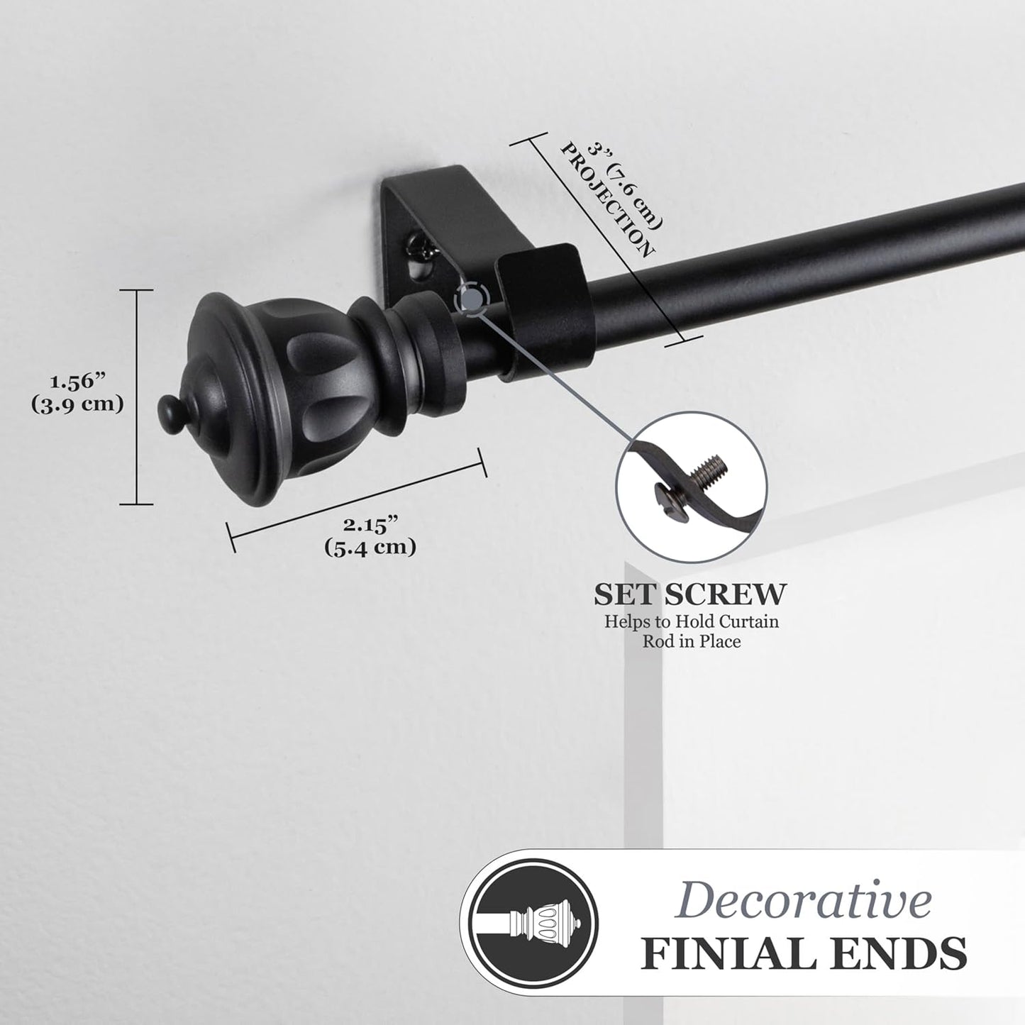 Kenney Kiera Crown Adjustable Curtain Rod, 28 to 48 Inches, Extendable Set, Matte Black