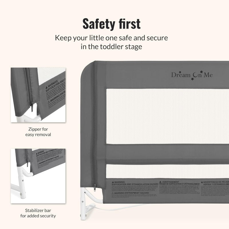Dream On Me Mesh Security Bed Guard Rail for Toddlers 2–5 Years, Fits Twin–King Beds, Reinforced Anchor System, 2 Adjustable Heights, Grey, Not for Cribs/Toddler Beds