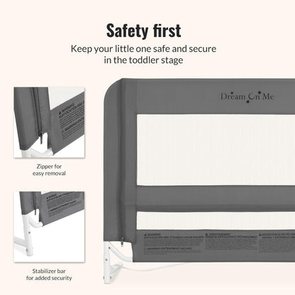 Dream On Me Mesh Security Bed Guard Rail for Toddlers 2–5 Years, Fits Twin–King Beds, Reinforced Anchor System, 2 Adjustable Heights, Grey, Not for Cribs/Toddler Beds