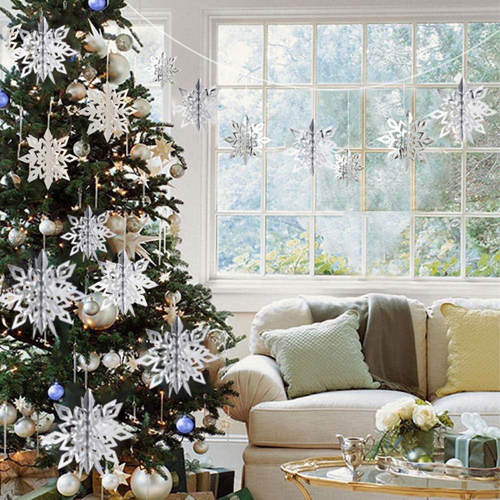 OuMuaMua Winter Christmas Hanging Decorations - 12PCS 3D Large Silver Snowflakes & 12PCS White Paper Snowflakes Garland