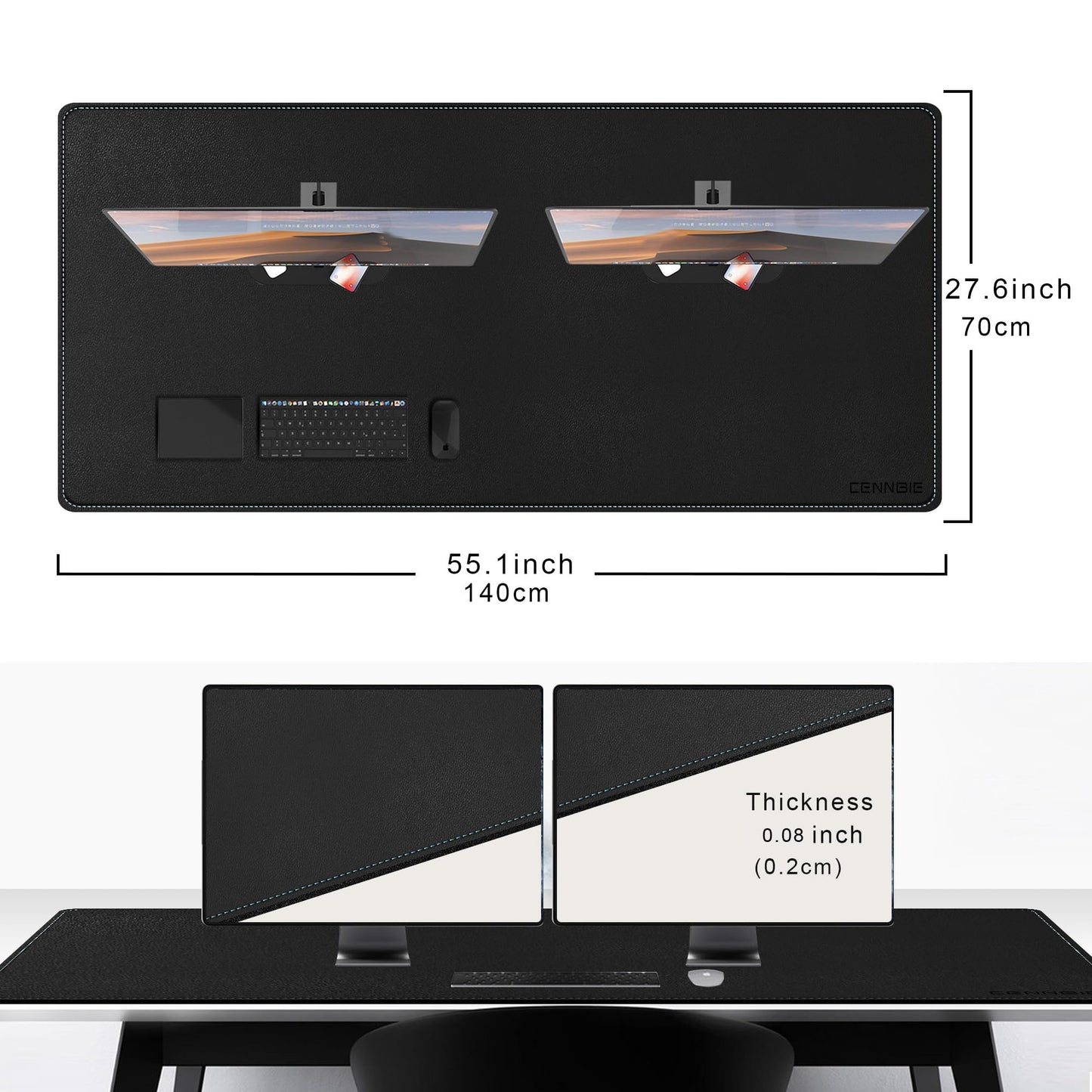 CENNBIE Leather Desk Pad Large, 140 x 70cm Desk Mat Blotter Protector, Extended Non-Slip Mouse Pad, Waterproof PU Leather Desk mat for Desktop Office and Home (Black)