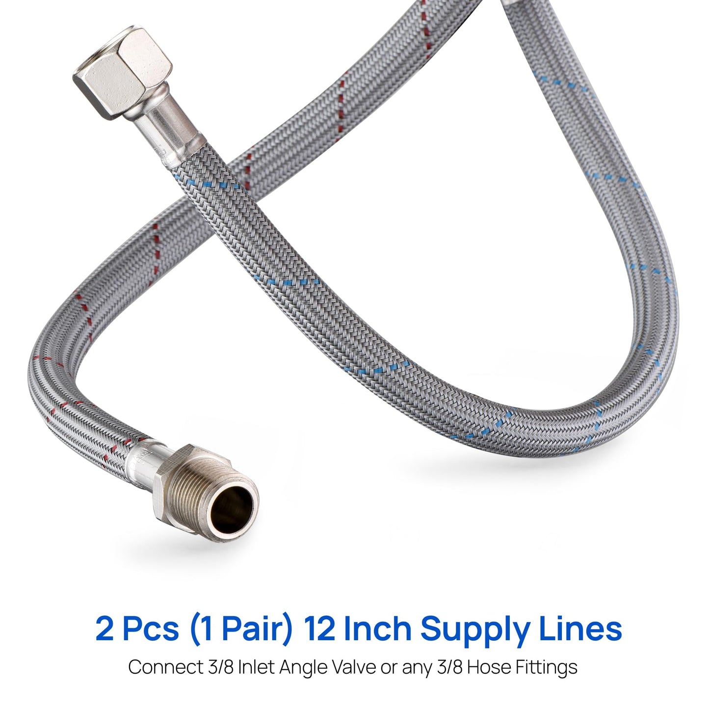 J-HVA Faucet Supply Lines Length 12" x G 3/8 Female Thread Connector Braided Nylon Extension Hoses for Bathroom Kitchen Sink Faucet Hose Filter, Stainless Steel Nut (1 Pair)