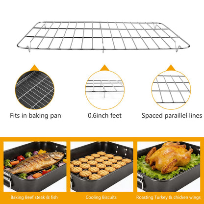 Roasting Pan with Rack, 15.75x11.02’’ Baking Pan for Oven with Rack & Silicon Hand Clip & Oilbrush, Heavy Duty Dishwasher Safe Rectangular Lasagna Pan with Handle for Turkey, Dark Grey