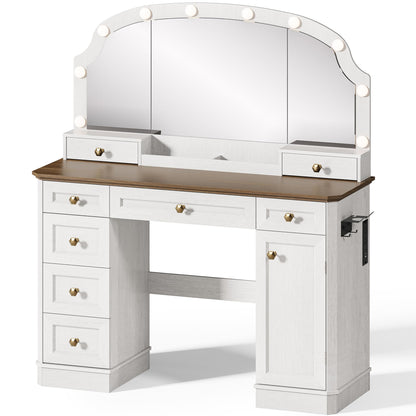 AMBERHAUS Farmhouse Makeup Vanity Desk with Mirror and Lights, 47'' Vanity Table with 8 Storage Drawers 1 Cabinet & 2 Organizer Trays, Large Dressing Table with Charging for Bedroom Rustic White
