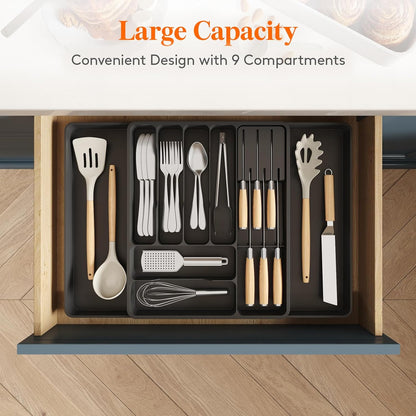 Lifewit Silverware Organizer for Kitchen Drawers, Expandable Utensil Tray with Removable Knife Block