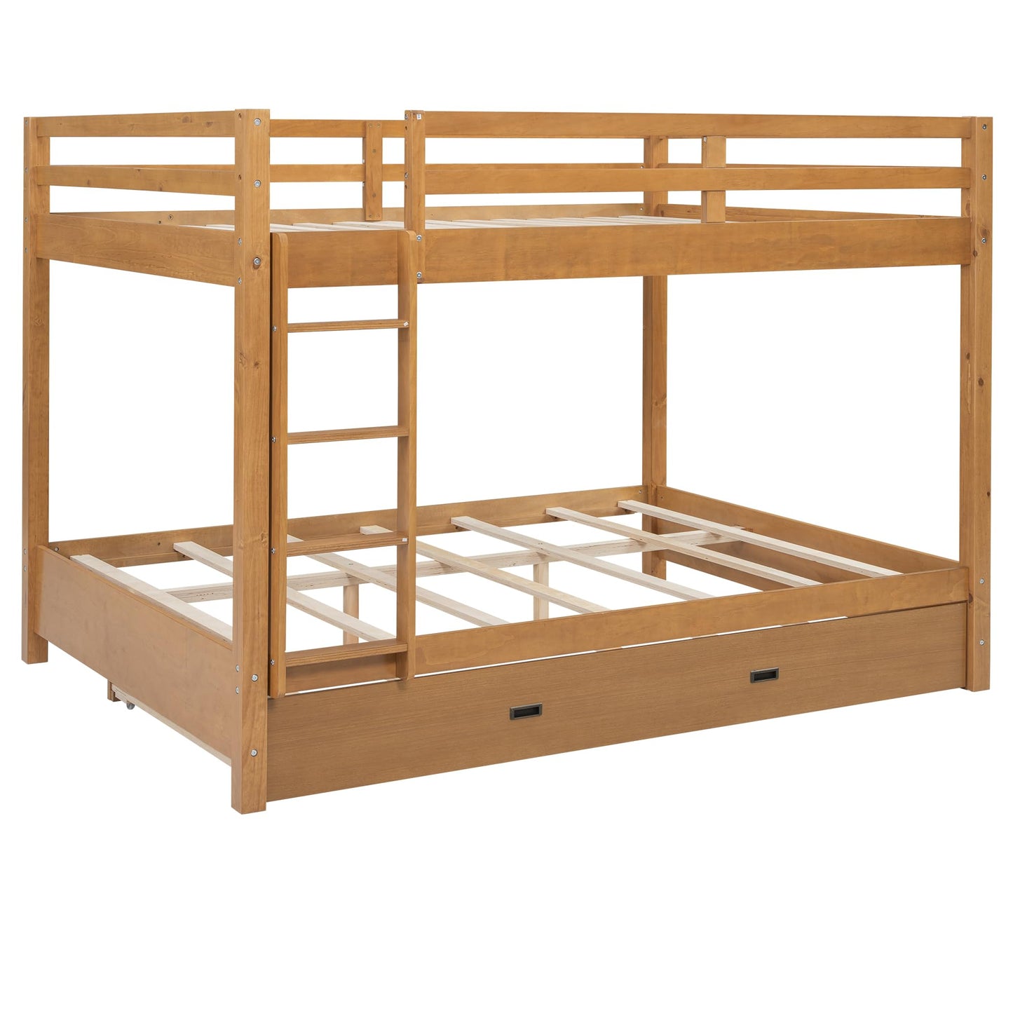 Merax Modern Queen Over Queen Size Wood Bunk Bed with Ladder and Twin XL Trundle, No Box Spring Required, Space-Saving, Wood Color