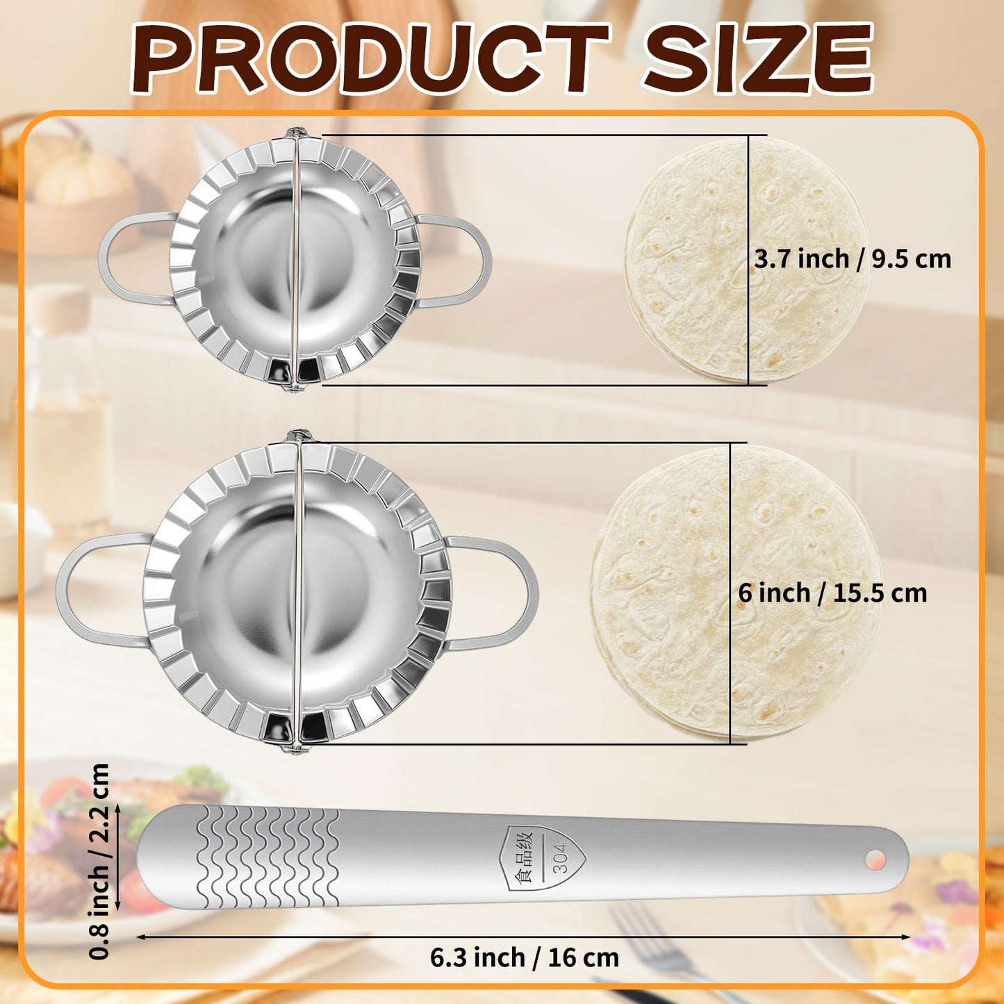Empanada Maker Press, 6 Inch and 3.7 Inch Stainless Steel Tortilla Crimper Sealer with 1 Wonton Wrappers Tool, 2-in-1 Dough Cutter & Mold for Empanadas, Dumplings, Ravioli, Pierogi, Hand Pies