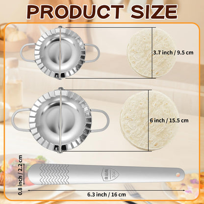 Empanada Maker Press, 6 Inch and 3.7 Inch Stainless Steel Tortilla Crimper Sealer with 1 Wonton Wrappers Tool, 2-in-1 Dough Cutter & Mold for Empanadas, Dumplings, Ravioli, Pierogi, Hand Pies