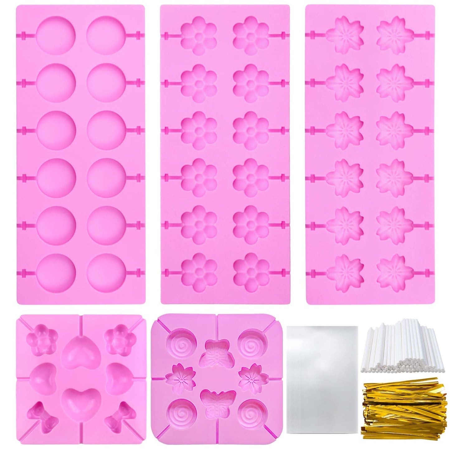 5Pcs Silicone Lollipop Molds Kit, YUX-DTDSU 8 & 12 Holes Hard Candy Molds, Non-Stick Sucker Mold for Making Chocolate, Candy, Cookie, Flower Mold with 100Pcs Lollypop Sticks, Gold Ties, Treat Bags