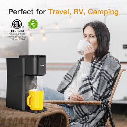 Tastyle Mini Hot and Iced Coffee Maker Single Serve, for K Cup and Ground, 6 to 14 Oz Brew Sizes, with Recipe Book, for Home, Travel, RV, Office and Dorm, Classic Black (2.0 Version)