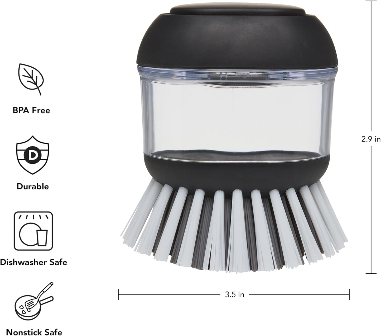 2.95 2.17 3.54 inches, KitchenAid Soap Dispensing Palm Brush with Built in Easy to Fill Soap Dispenser, Non Slip Grip