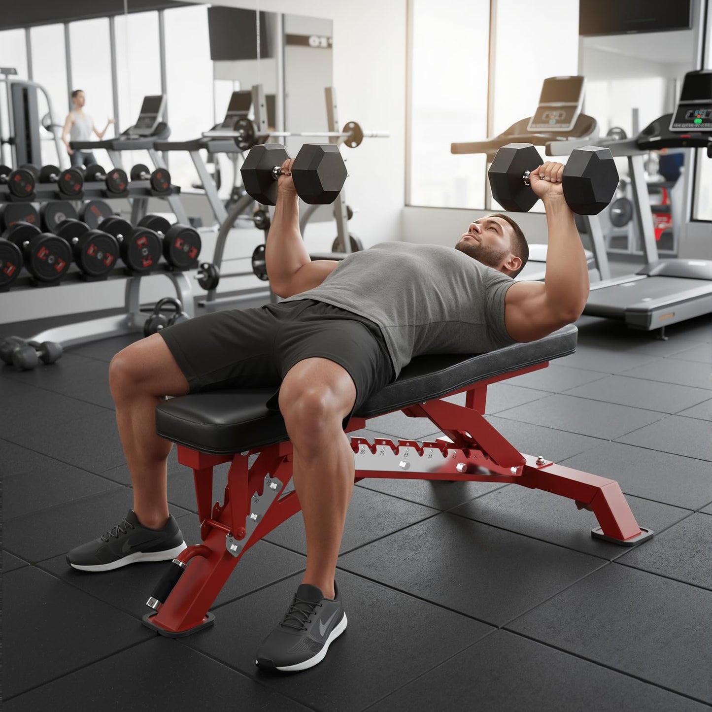 RITFIT Adjustable Weight Bench with Multiple Back Positions for Full Body Workouts, Incline, Decline, and Flat Settings for Home Gym Strength Training, 1300LB Capacity (Red,with 2x5lb rubber dumbbells)