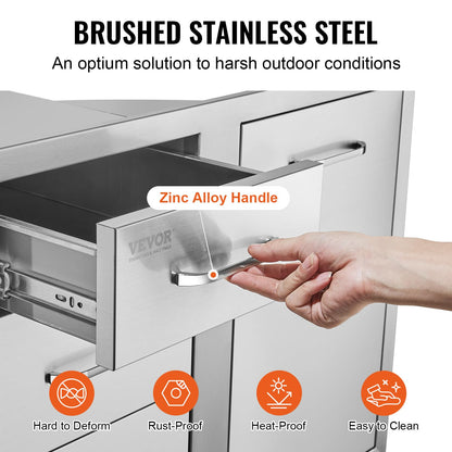 VEVOR Stainless Steel Cabinet, Outdoor Kitchen Door Drawer Combo 29.5" W x 22.6" H x 21.7" D, Access Door/Triple Drawers, Propane Drawer, Adjustable Garbage Ring, BBQ Island Patio Grill Station