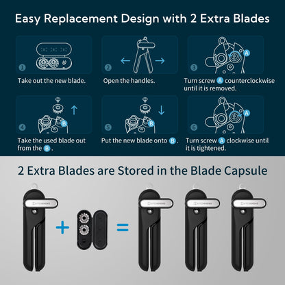 KITCHENDAO Replaceable Can Opener with 2 Extra Blades, Super Sharp Manual Can Opener with Magnet, Smooth Edge Cut Handheld Tin Opener, Large Turning Knob for Seniors & Arthritis, Black