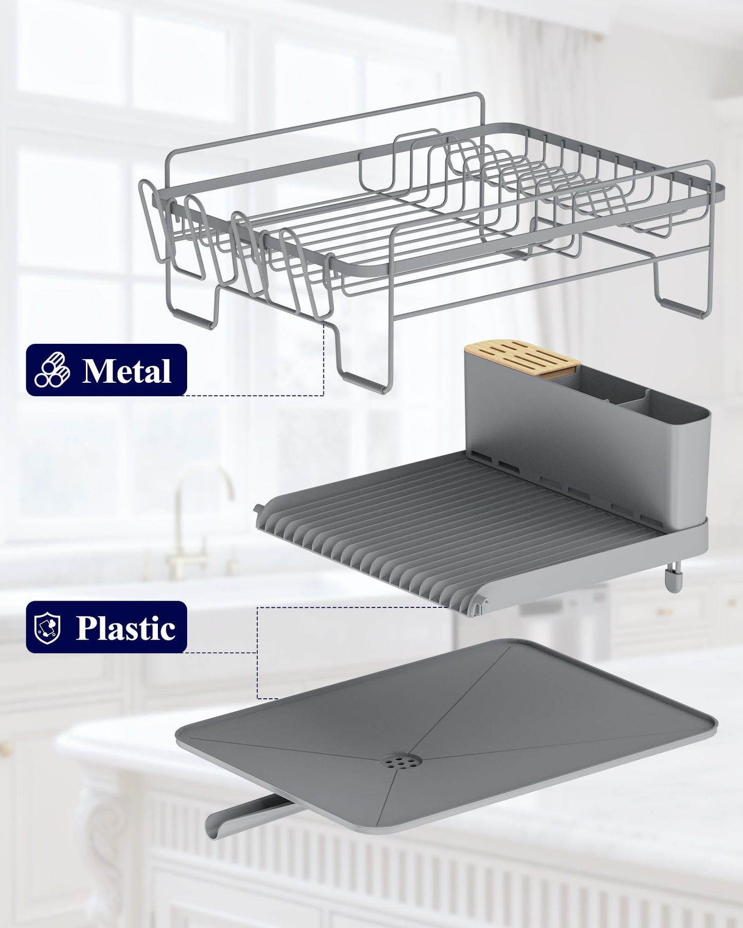 Kitsure Extendable Dish Drying Rack, Large Drying Dish Rack with Cutlery & Cup Holders, Multifunctional Dish Racks for Counter with Drainage, 18.2"-25.7" L x 12.9" W, Grey