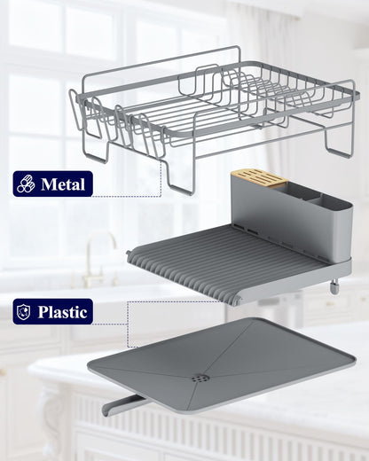 Kitsure Extendable Dish Drying Rack, Large Drying Dish Rack with Cutlery & Cup Holders, Multifunctional Dish Racks for Counter with Drainage, 18.2"-25.7" L x 12.9" W, Grey
