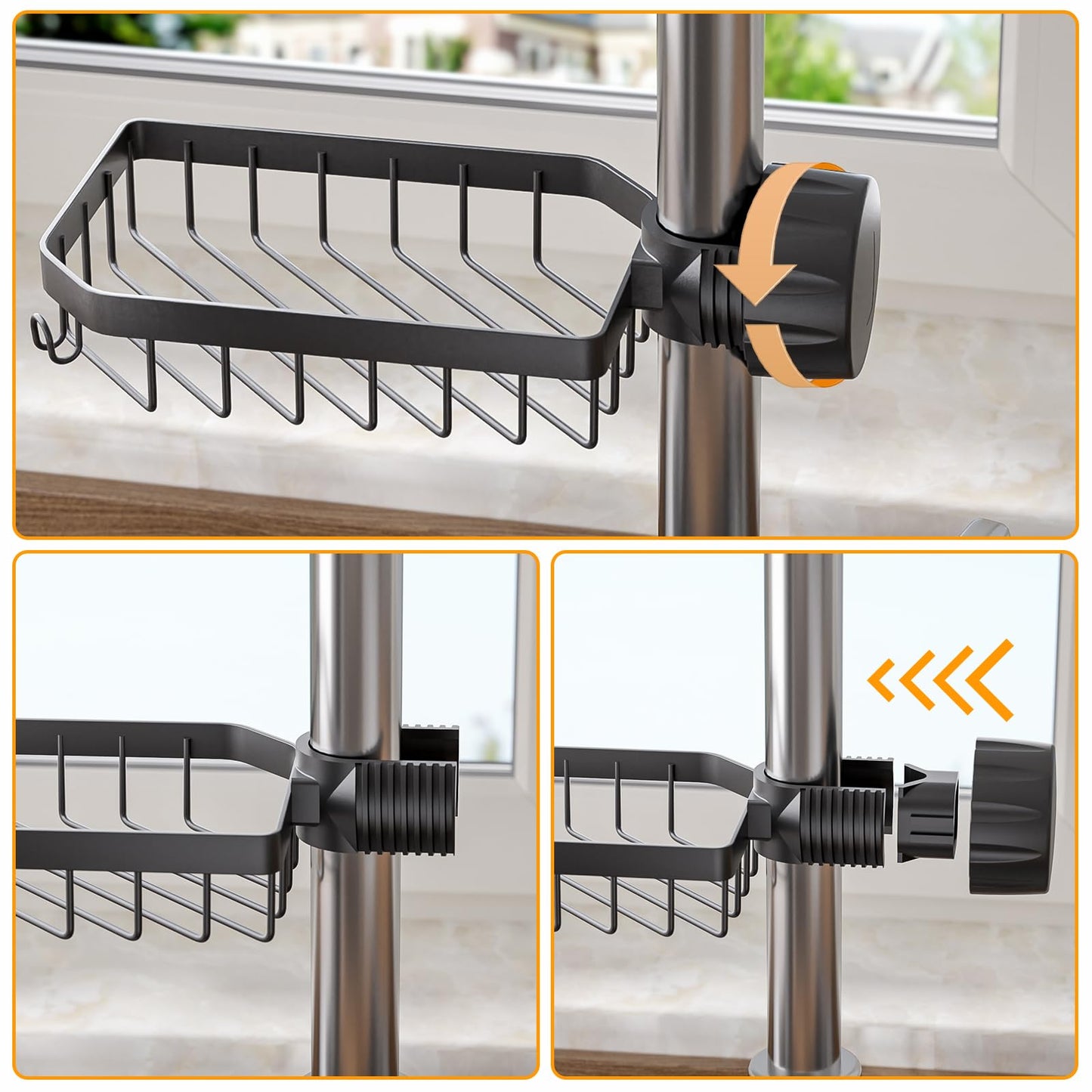 LONIN Sponge Holder Over Faucet Kitchen Sink Caddy Organizer, Stainless Steel Detachable Hanging Faucet Drain Rack for Bathroom, Scrubbers, Soap, (Black)