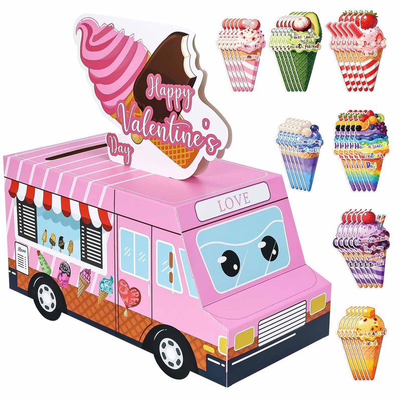 RINDOJIN Valentines Day Cards for Kids 3D Pink Ice Cream Truck Valentine Mailbox for Kids Classroom School Boys Girls Party Truck Valentines Day Card Box with 35 Ice Cream Valentine Cards