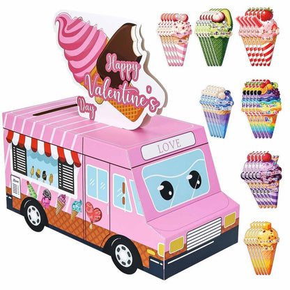 RINDOJIN Valentines Day Cards for Kids 3D Pink Ice Cream Truck Valentine Mailbox for Kids Classroom School Boys Girls Party Truck Valentines Day Card Box with 35 Ice Cream Valentine Cards