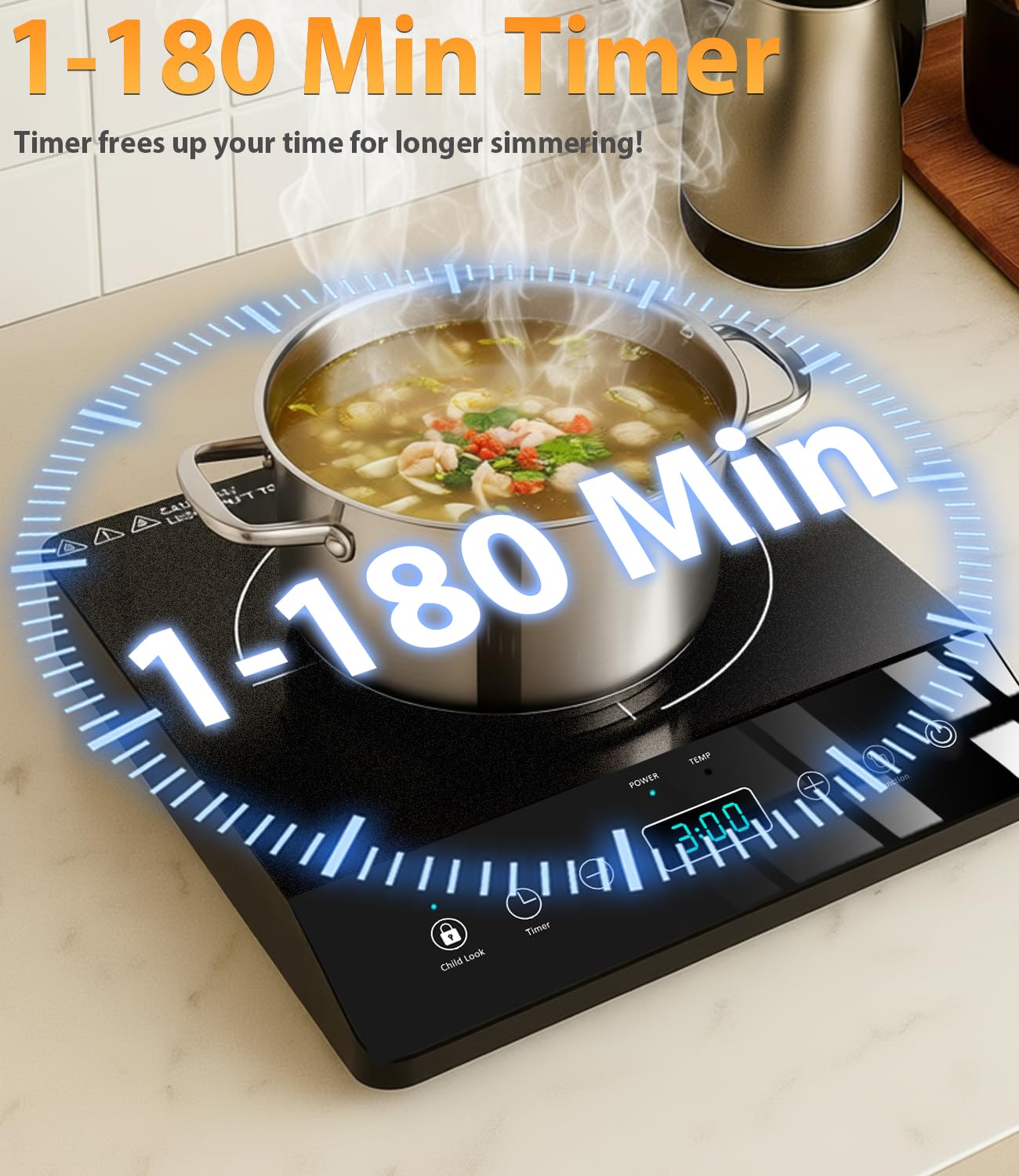 JollyOne Single Burner Induction Cooktop, ETL-Certified 1800W Portable Induction Cooktop Large 8 inch Heating Coil, 12 Temp Settings up to 465℉ Electric Stove Hot Plate with 3 Hour Timer, Safety Lock