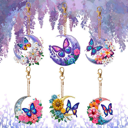 C'eitura 6Pcs Moon & Butterfly Diamond Painting Keychains, Double-Sided Crystal Rhinestone Charms, Mystical Celestial Gifts for Women, Birthday Party Favors