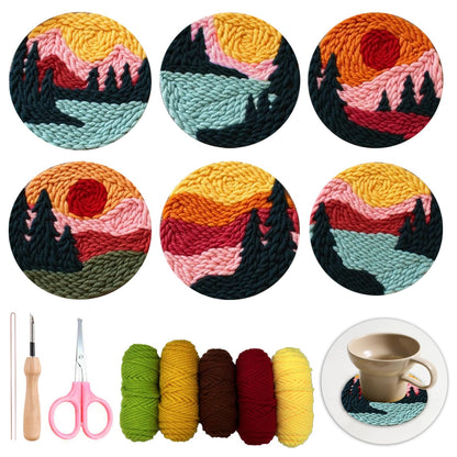 Punch Needle Coasters Kit for Beginners Adults, 6 Pattern Embroidery Scenery Punch Needle Kits, Scenery Punch Decoration DIY Kit with Patterns, Tools, Yarns, Hoop, Instruction Art Craft Supplies