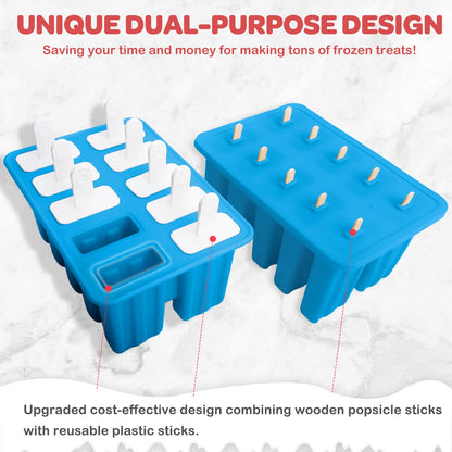 Miaowoof Homemade Popsicle Molds, 10-Cav Non-BPA Silicone Ice Pop Maker, with 50 Sticks, 50 Bags, 10 Reusable Sticks, Funnel, Brush and Ice Pop Recipe (Blue+Bin)